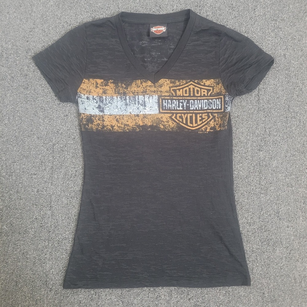 Harley-Davidson Small V-Neck T-Shirt Womens Black Burnout Distressed Graphic Tee